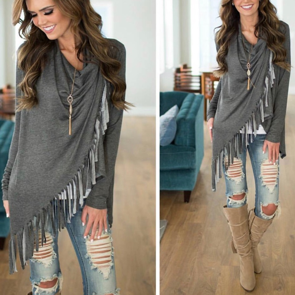 Gray Tassel Fringe One Button Tunic Top - Picture 3 of 3